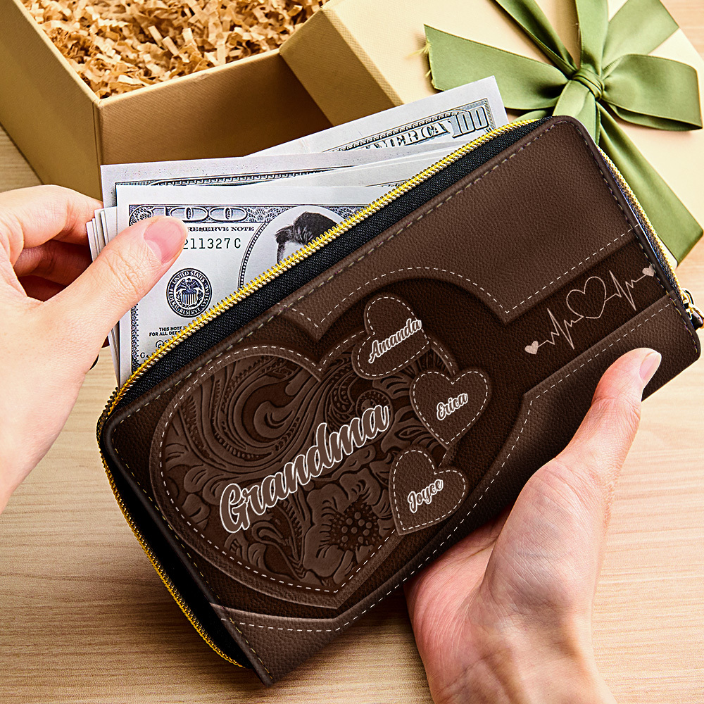Personalized Leather Long Wallet Grandma's Little Sweethearts Leather Wallet with Text Gift for Her Mother's Day Gifts - soufeelmy
