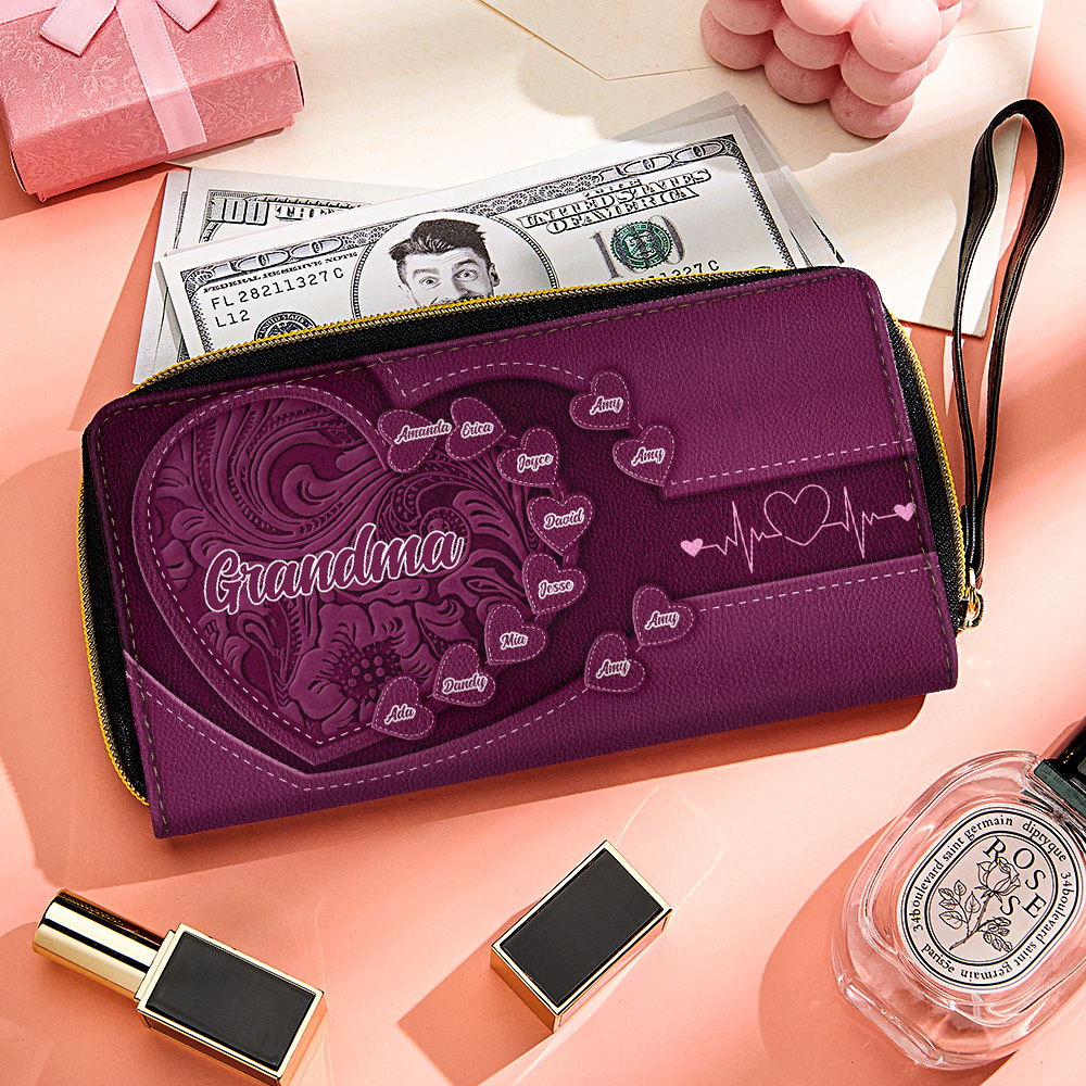 Personalized Leather Long Wallet Grandma's Little Sweethearts Leather Wallet with Text Gift for Her Mother's Day Gifts - soufeelmy