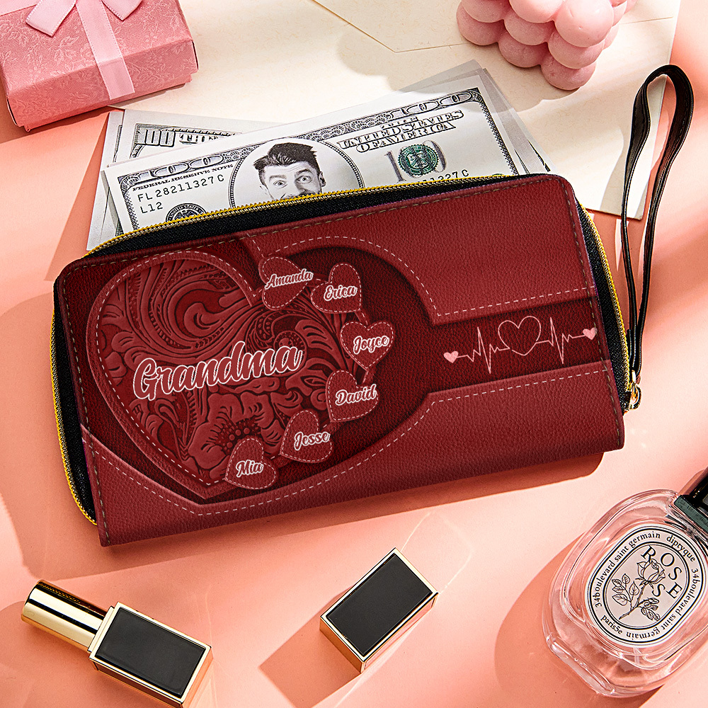 Personalized Leather Long Wallet Grandma's Little Sweethearts Leather Wallet with Text Gift for Her Mother's Day Gifts - soufeelmy