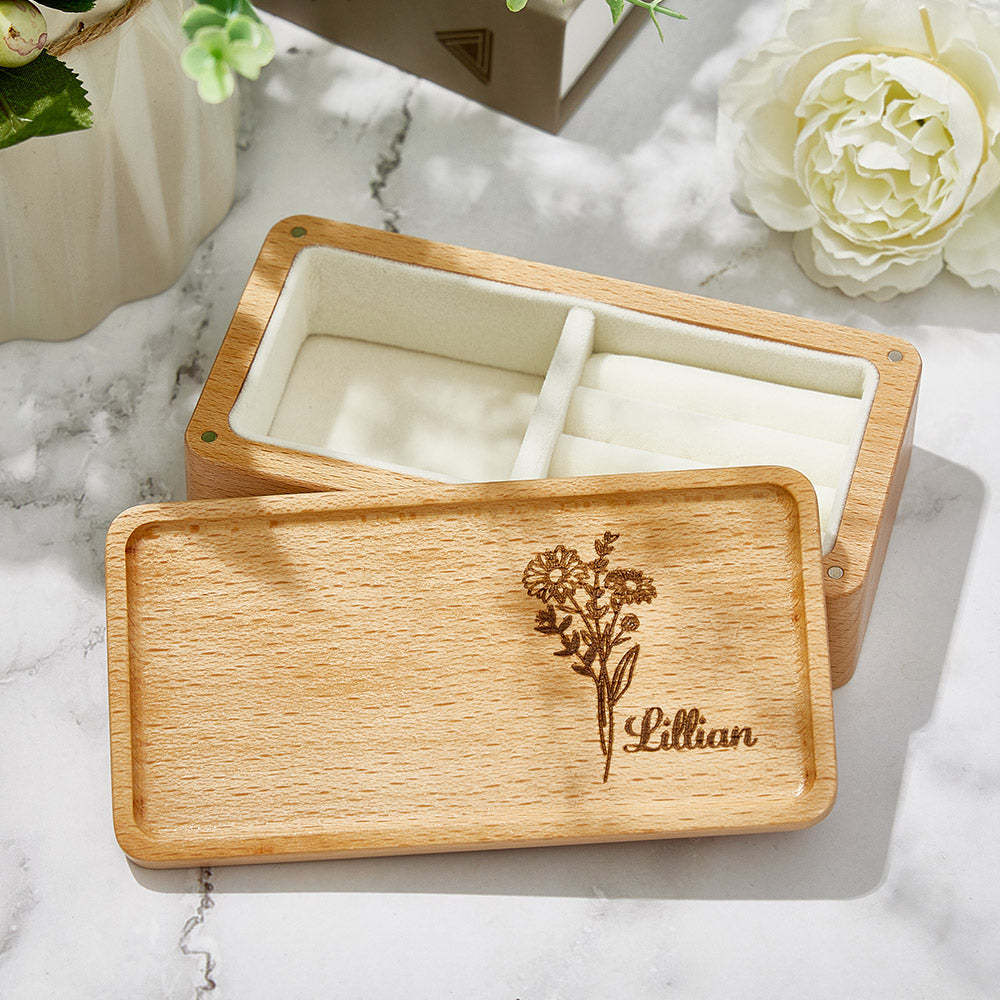 Personalized Birth Flower Jewelry Box Custom Name Jewelry Organizer Gift for Her - soufeelmy