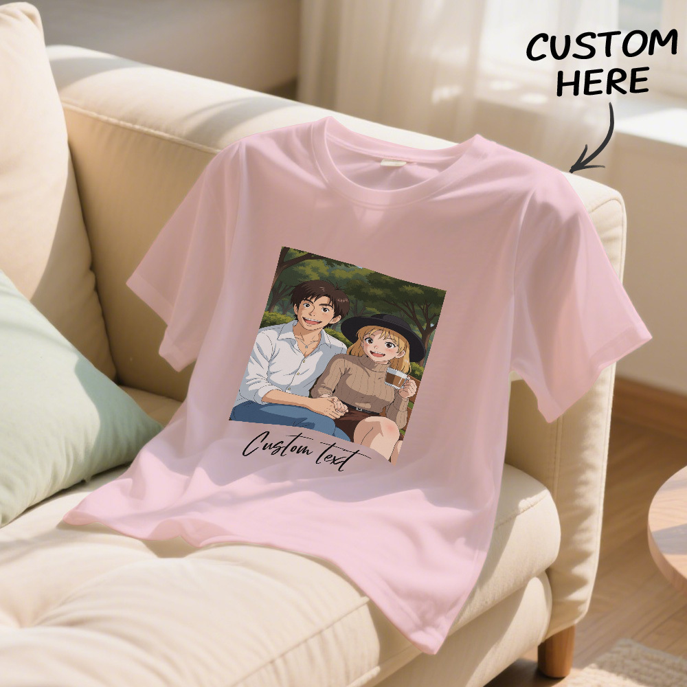 Custom Cartoon Style Photo T-Shirt Personalized Anime Portrait Tshirt with Custom Text Gift for Mom - soufeelmy