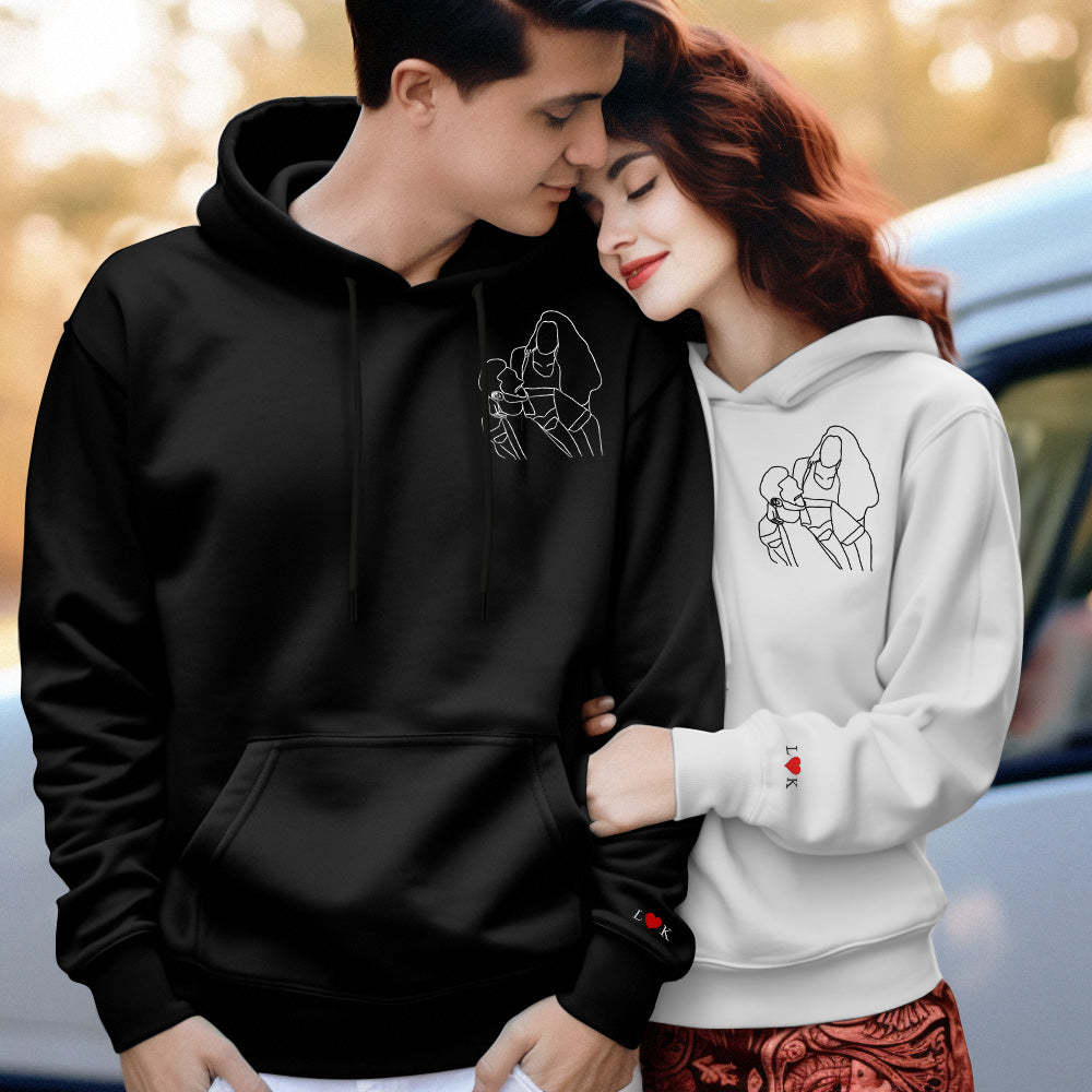 Custom Embroidered Photo Outline Hoodie With Letters Sweatshirt Gifts For Couples - soufeelmy