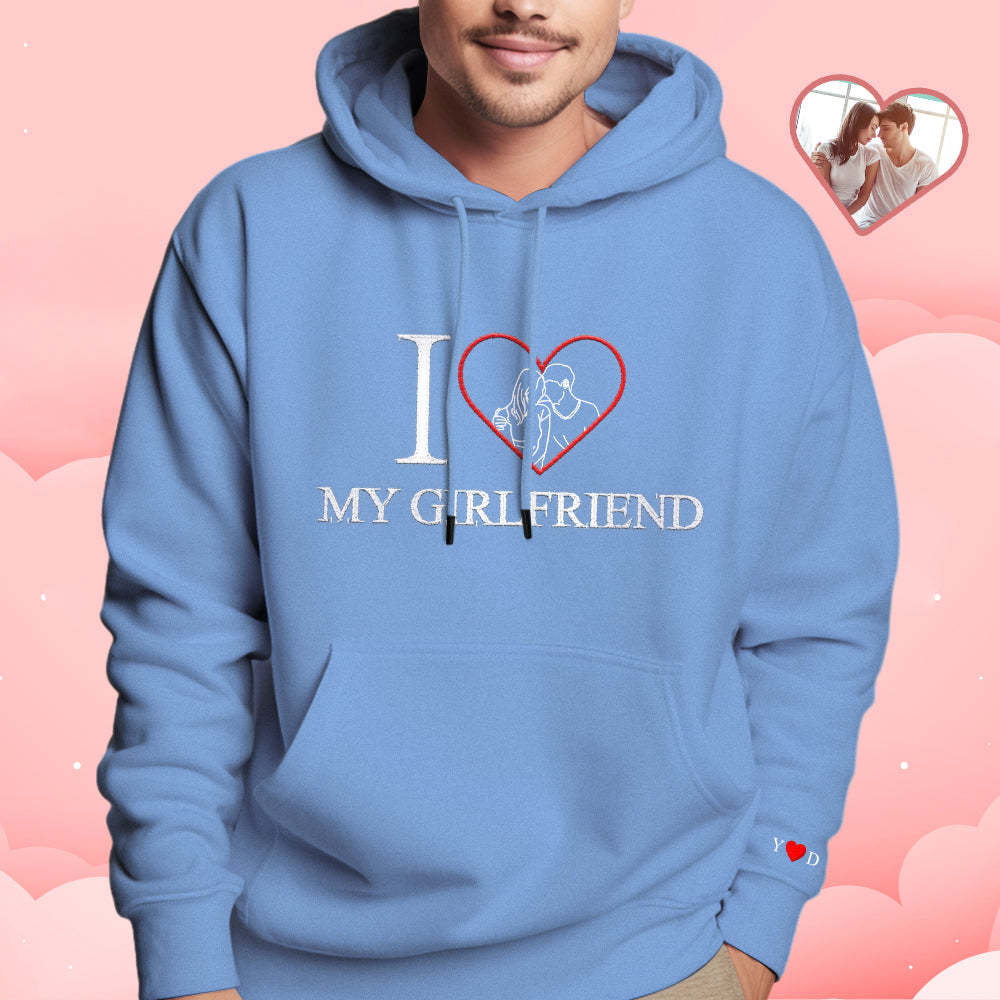 Personalized Embroidered Photo Outline Hoodie Red Heart Custom Picture Portrait Sweatshirt Valentine Gift - soufeelmy