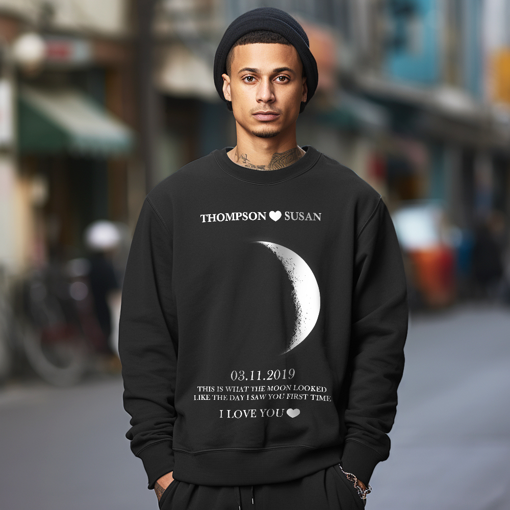 Custom Moon Phase Round Neck Unisex Sweatshirt Personalized Names Crewneck Sweatshirts Valentine's Day Gifts for Couple