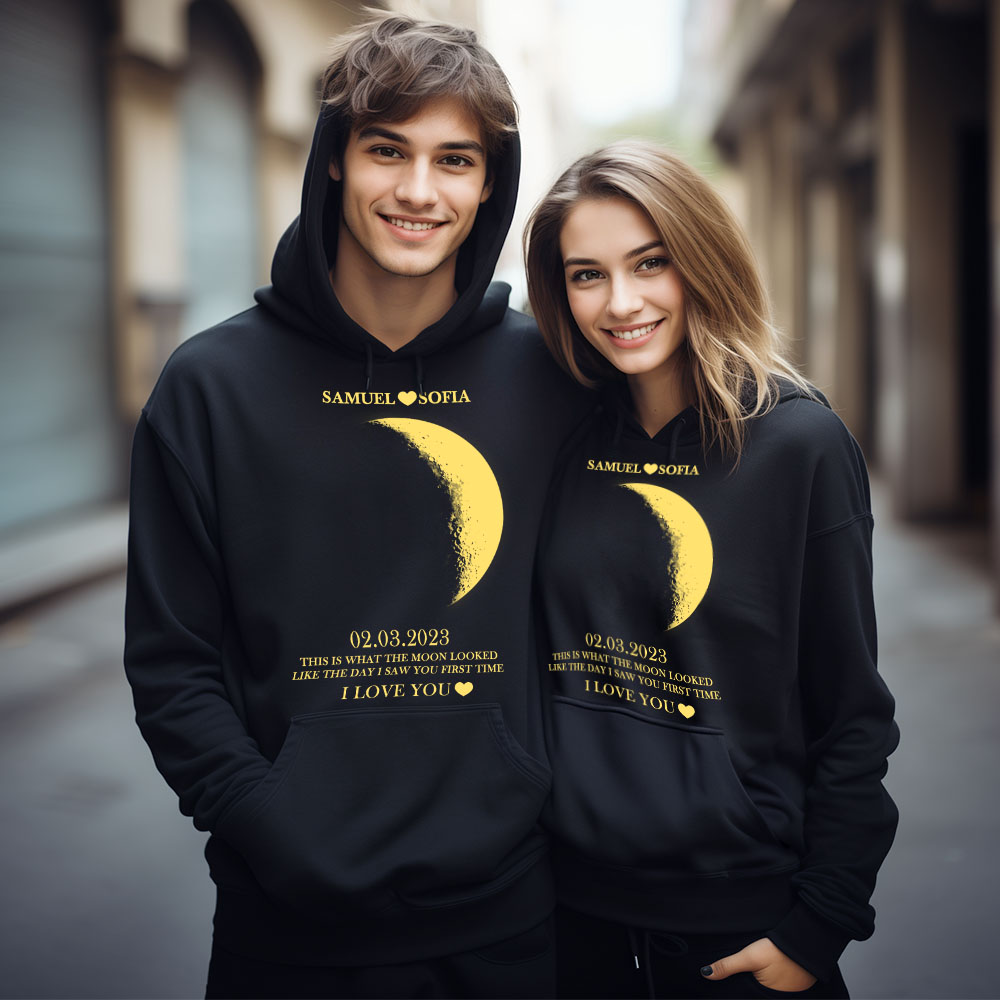 Custom Couple Art Sweatshirt Pocket Sweatshirt Custom REAL MOON PHASE Couple Memory Gift For Bf