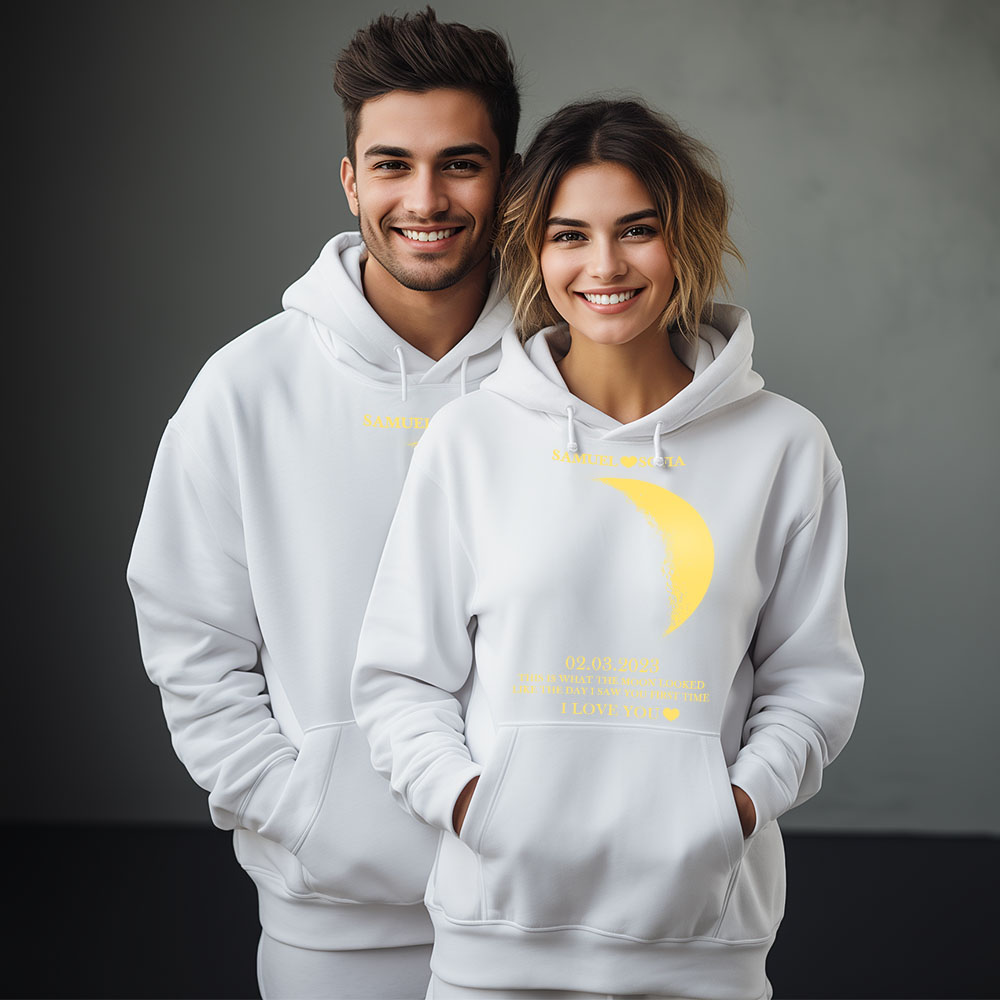 Custom Couple Art Sweatshirt Pocket Sweatshirt Custom REAL MOON PHASE Couple Memory Gift For Bf