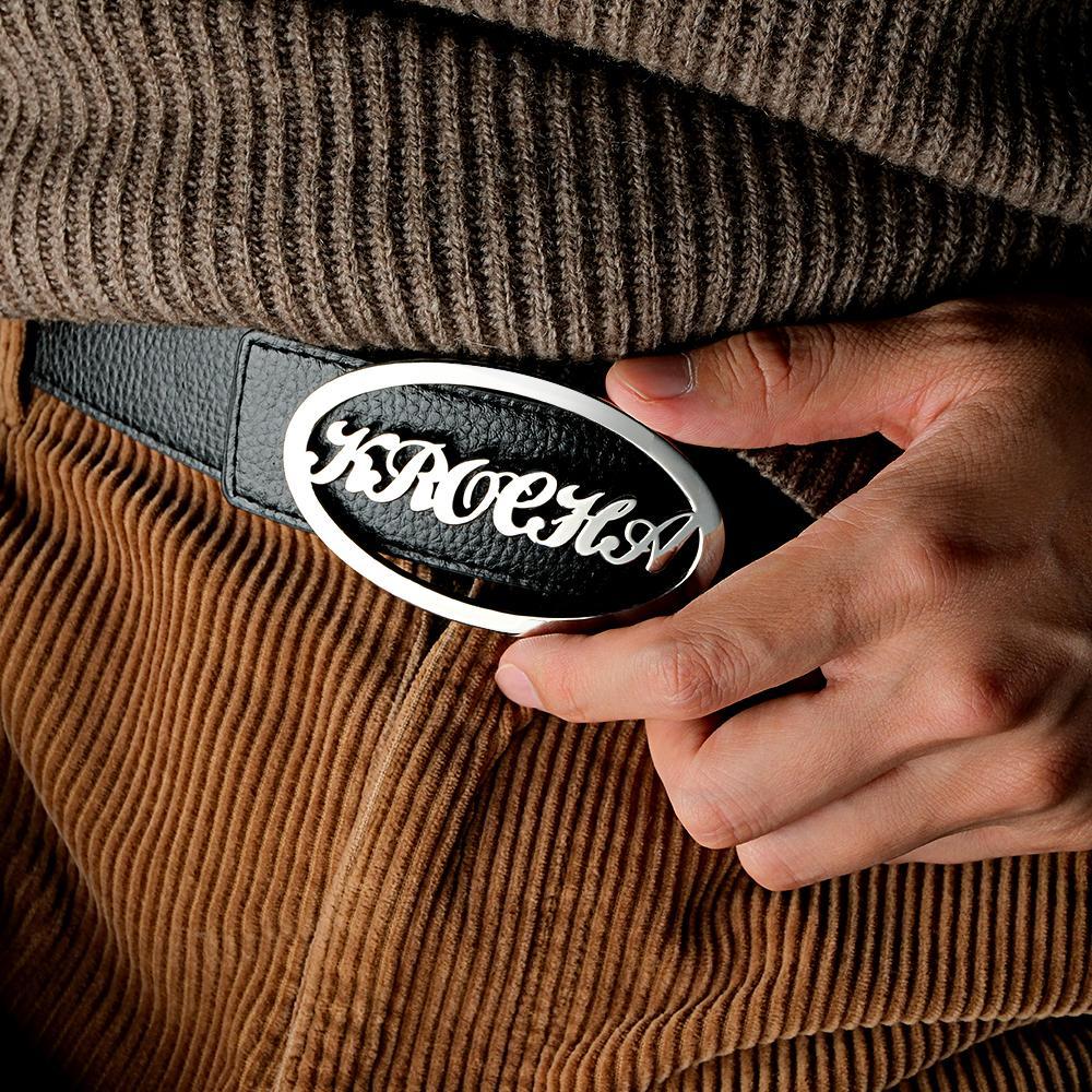 Custom Oval Frame Name Belt Buckle with Free Belt Gift For Him - soufeelmy