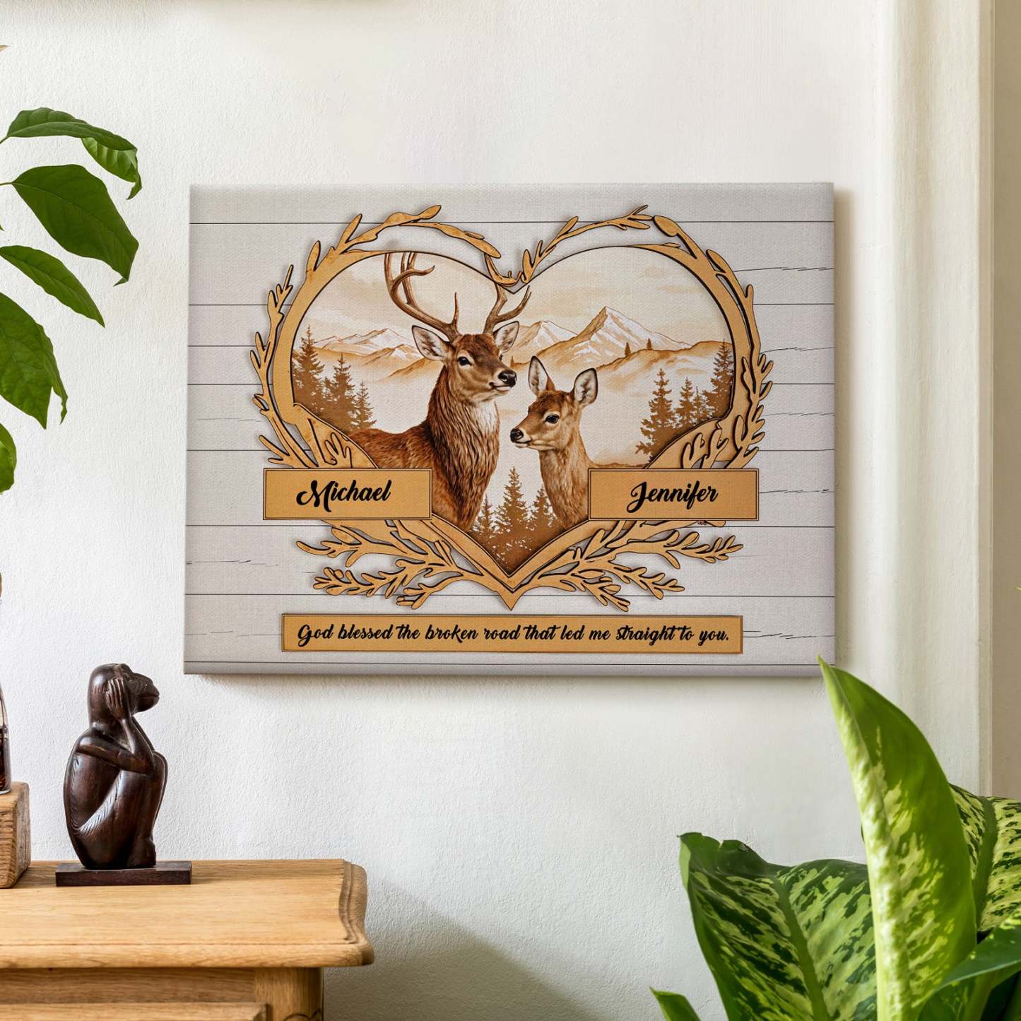 Custom Names Deer Love Mountains Premium Canvas Print Personalized Wall Decor Gift for Couple - soufeelmy