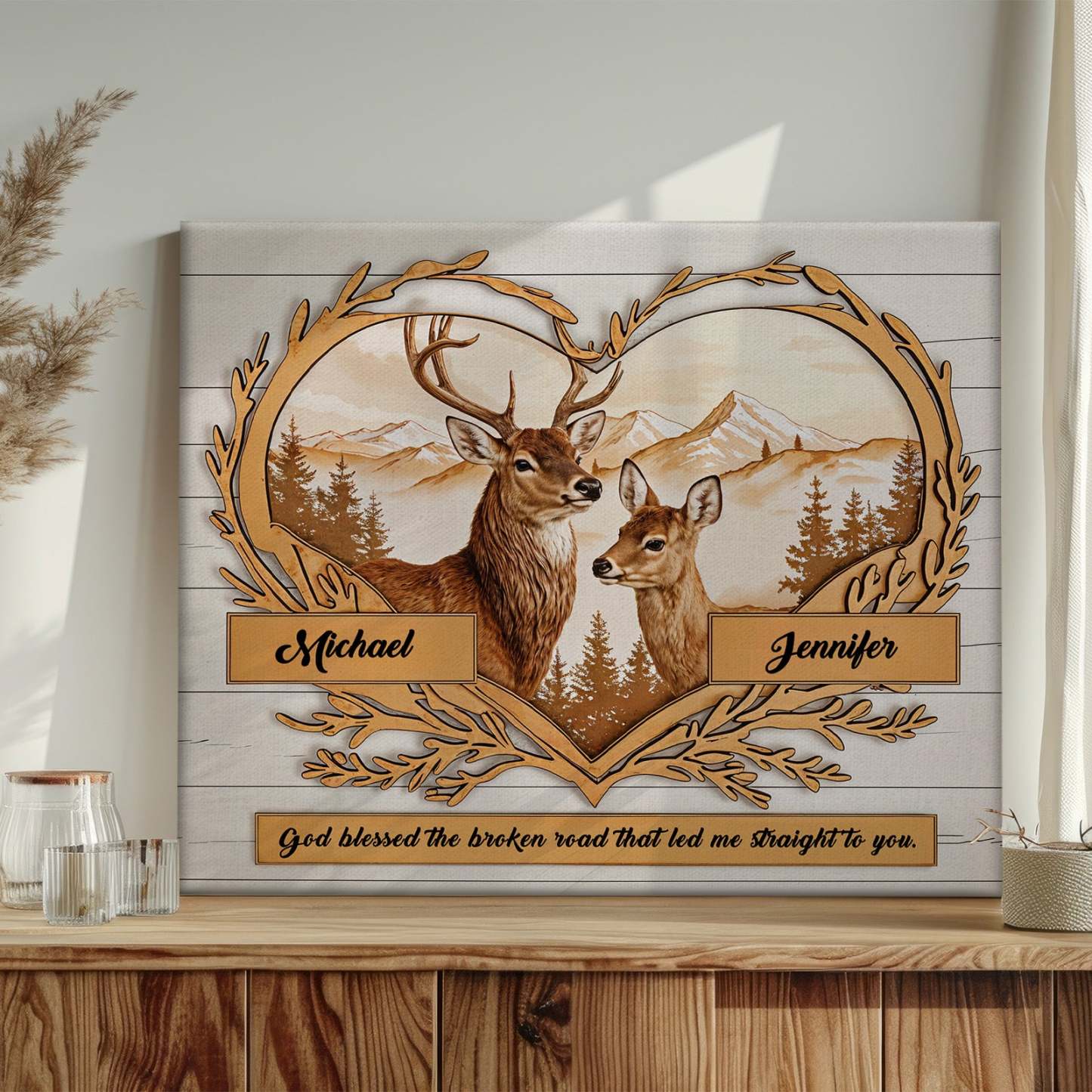 Custom Names Deer Love Mountains Premium Canvas Print Personalized Wall Decor Gift for Couple - soufeelmy