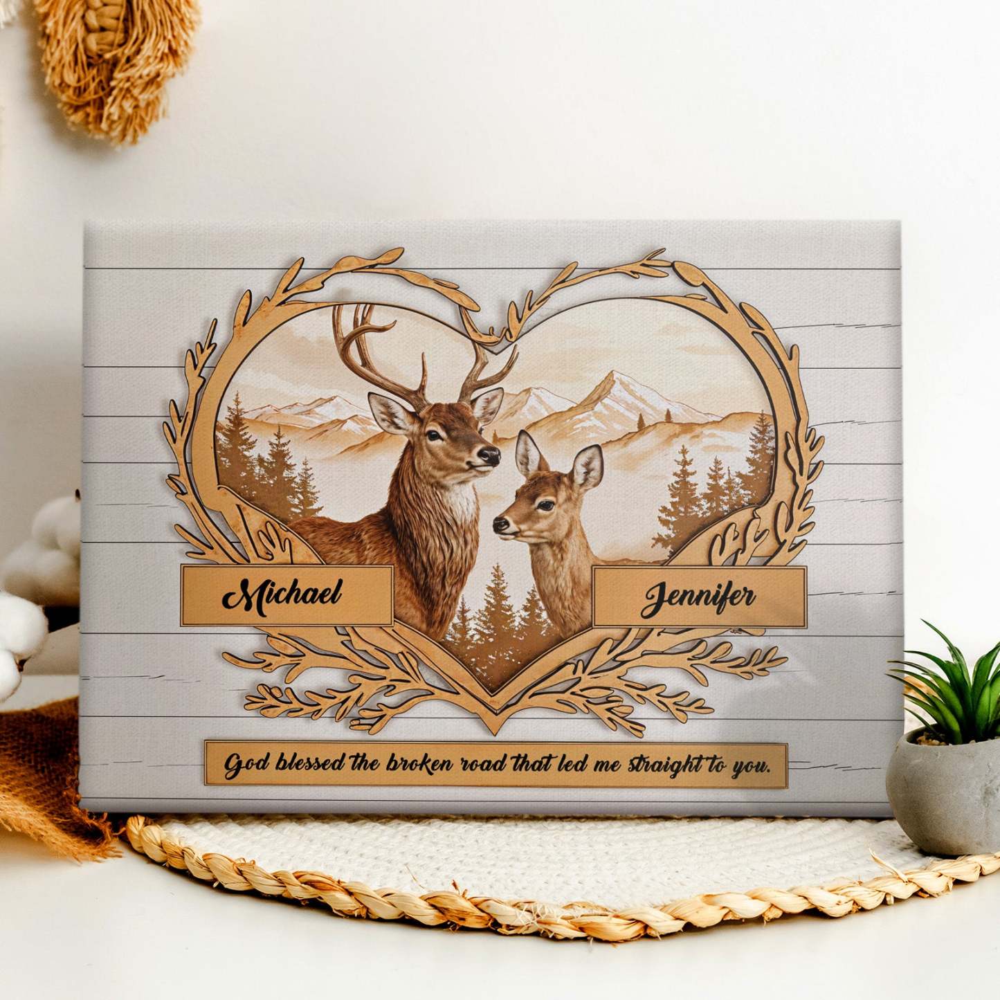 Custom Names Deer Love Mountains Premium Canvas Print Personalized Wall Decor Gift for Couple - soufeelmy