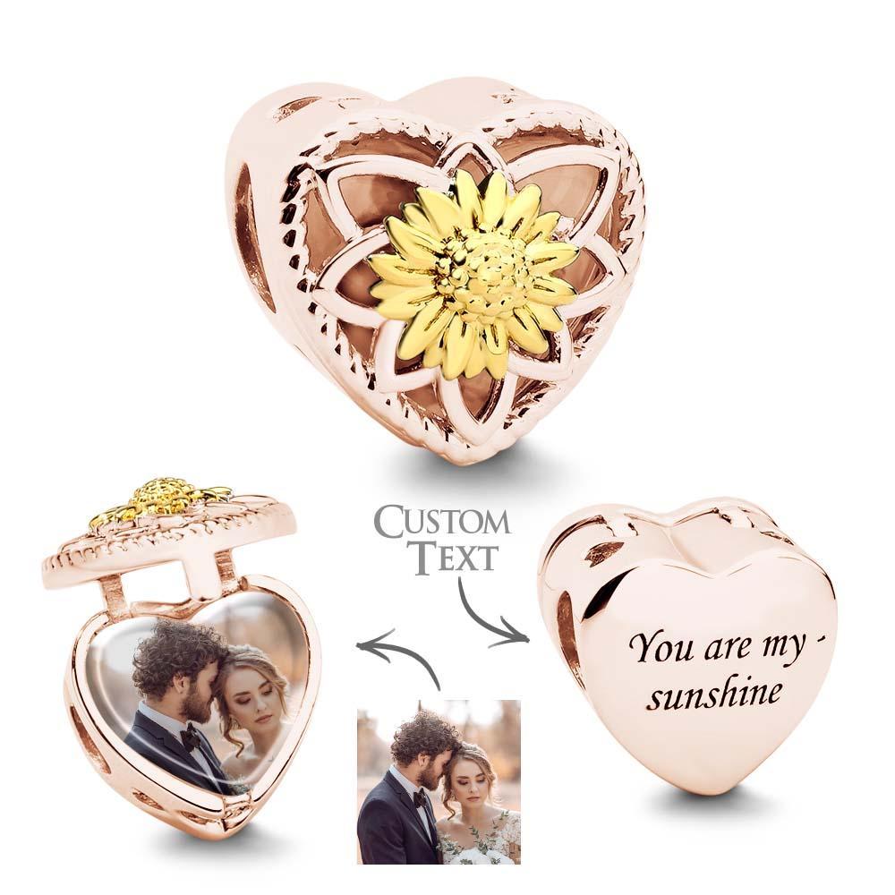 Sunflower Photo Charms Heart Shaped Christmas Charm Bead for Women Mothers Valentines Day Gift - soufeelmy