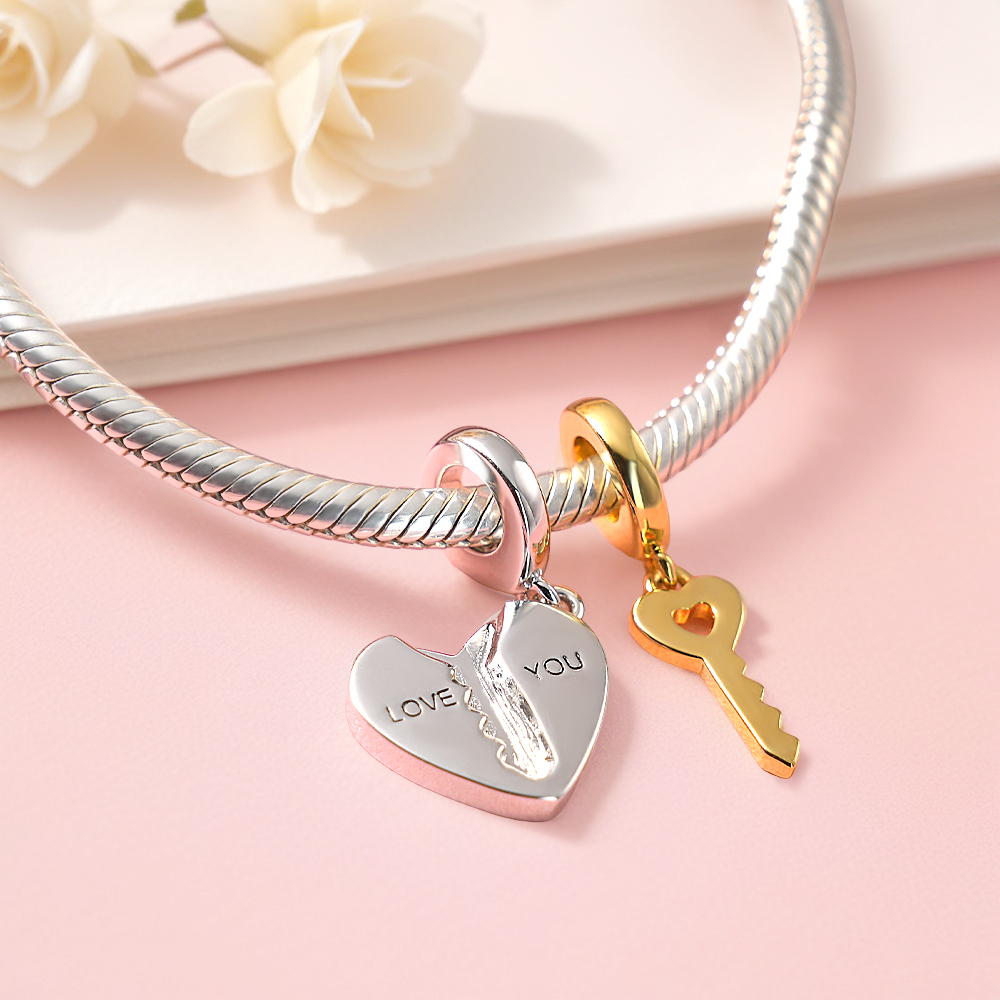 2pc Love You Heart Key Matching Couples Engraving Charm Bracelets or Necklaces - soufeelmy