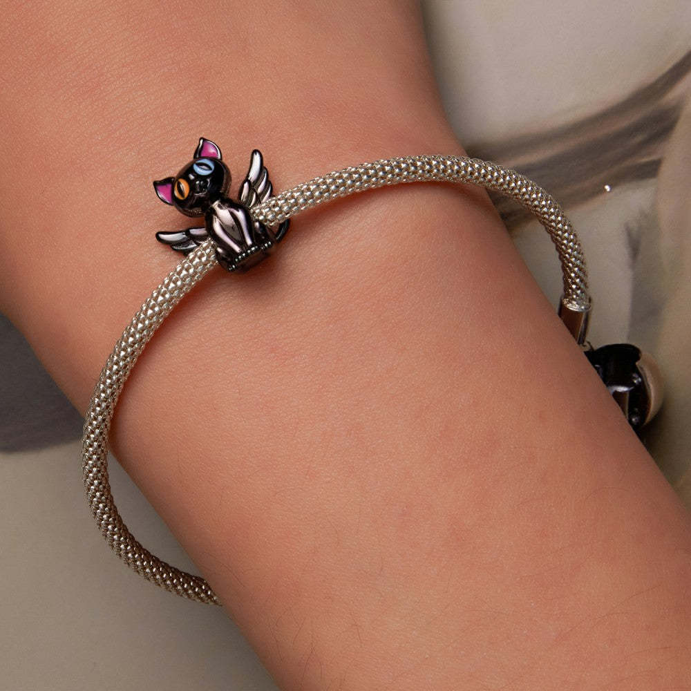 black angel cat enamel charm 925 sterling silver gift for pet lover dy1392