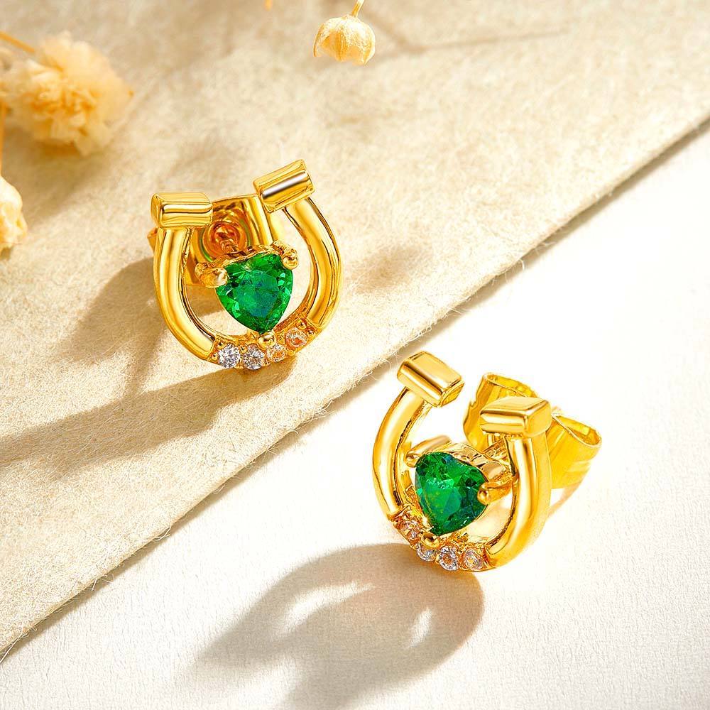 Personalized Horseshoe Stud Earrings with Heart Birthstone and Zircon Gift for Horse Lovers - soufeelmy