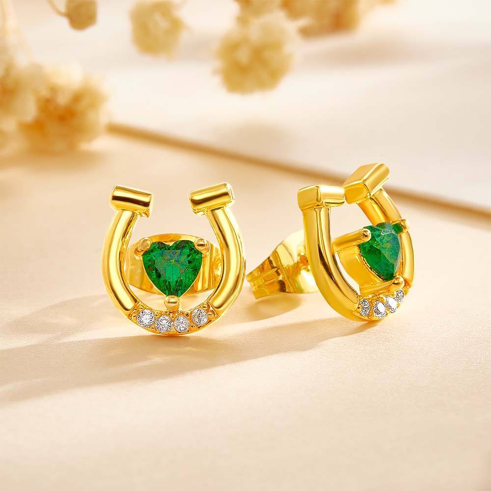 Personalized Horseshoe Stud Earrings with Heart Birthstone and Zircon Gift for Horse Lovers - soufeelmy