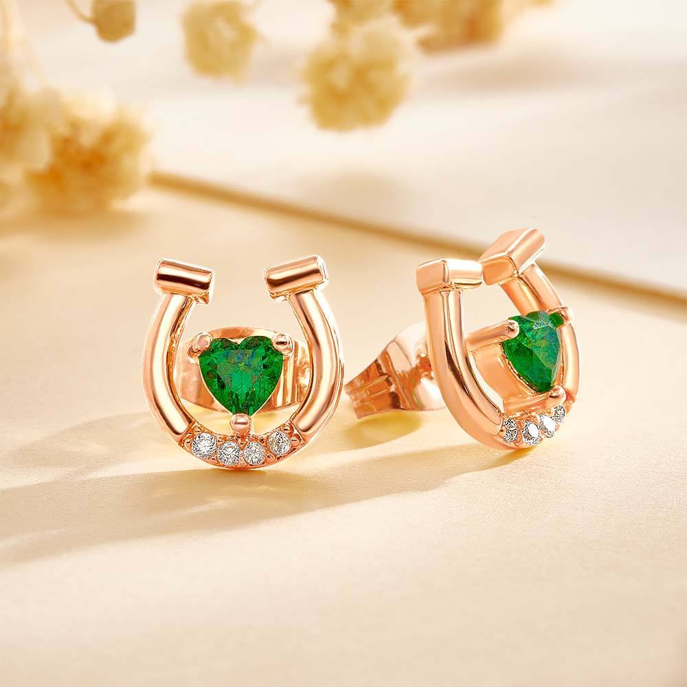 Personalized Horseshoe Stud Earrings with Heart Birthstone and Zircon Gift for Horse Lovers - soufeelmy
