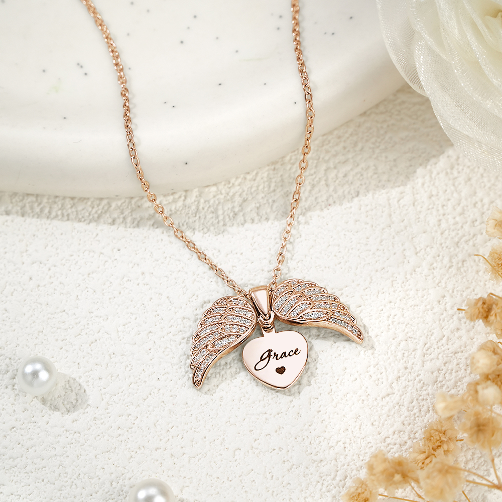 Personalized Angel Wing Necklace Custom Engraved Jewelry for Women Gift For Her - soufeelmy