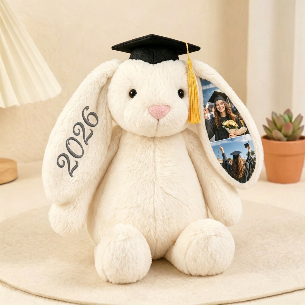 Custom Photo Bunny Plush, Personalized Hidden Ear Memory Bunny with Graduation Cap, Class of 2026 Gift - soufeelmy