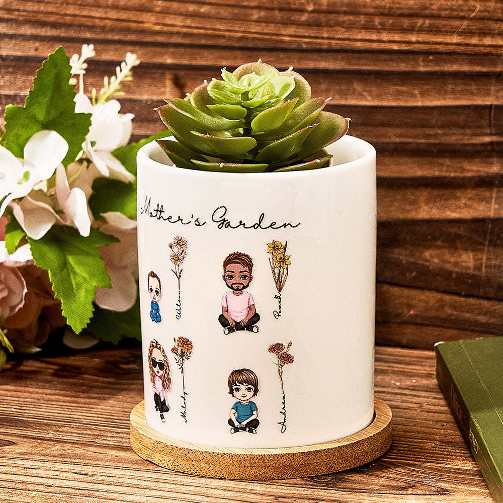 Personalized Cartoon Figure Birth Flower Ceramic Plant Pot Gift for Grandma Mom - soufeelmy