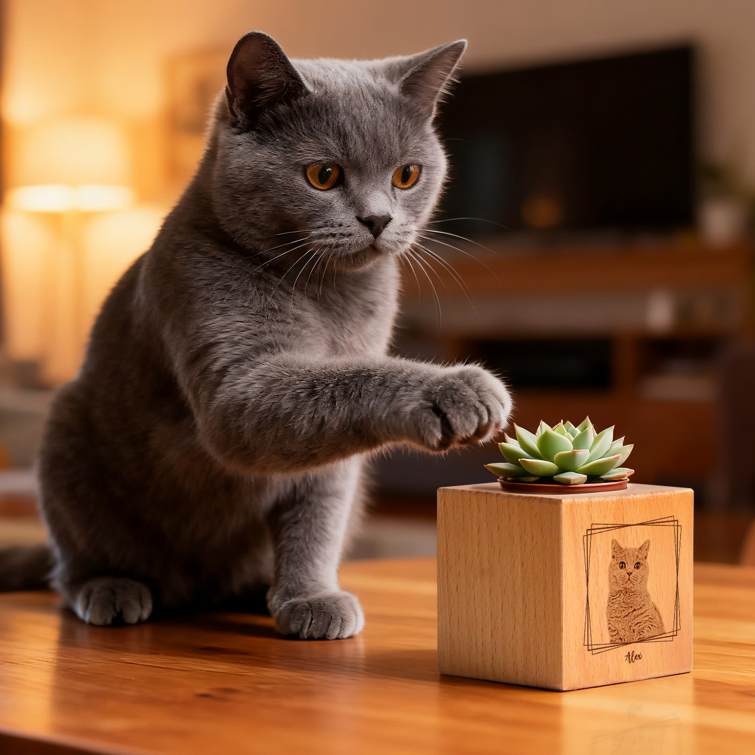 Custom Pet Portrait Planter (No Plant Included), Dog Cat Mom Portrait, Wood +Pot, Pet Loss Gift, Pet Memorial Gift, Engraved Photo as Office Desk Decor. - soufeelmy