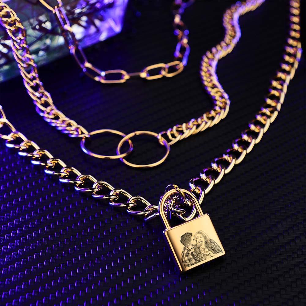 Triple Chain Set Personalized Photo Necklace with Lock - soufeelmy
