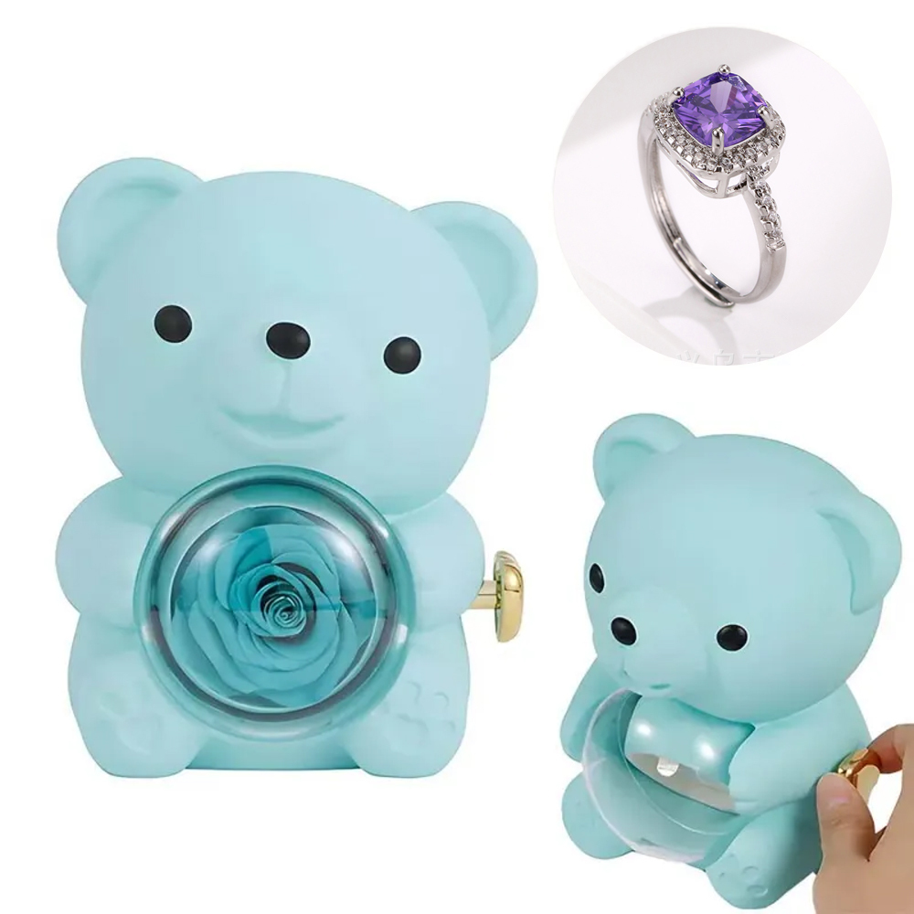 Adjustable Love Ring Couple Ring with Rose Bear Giftbox for Her