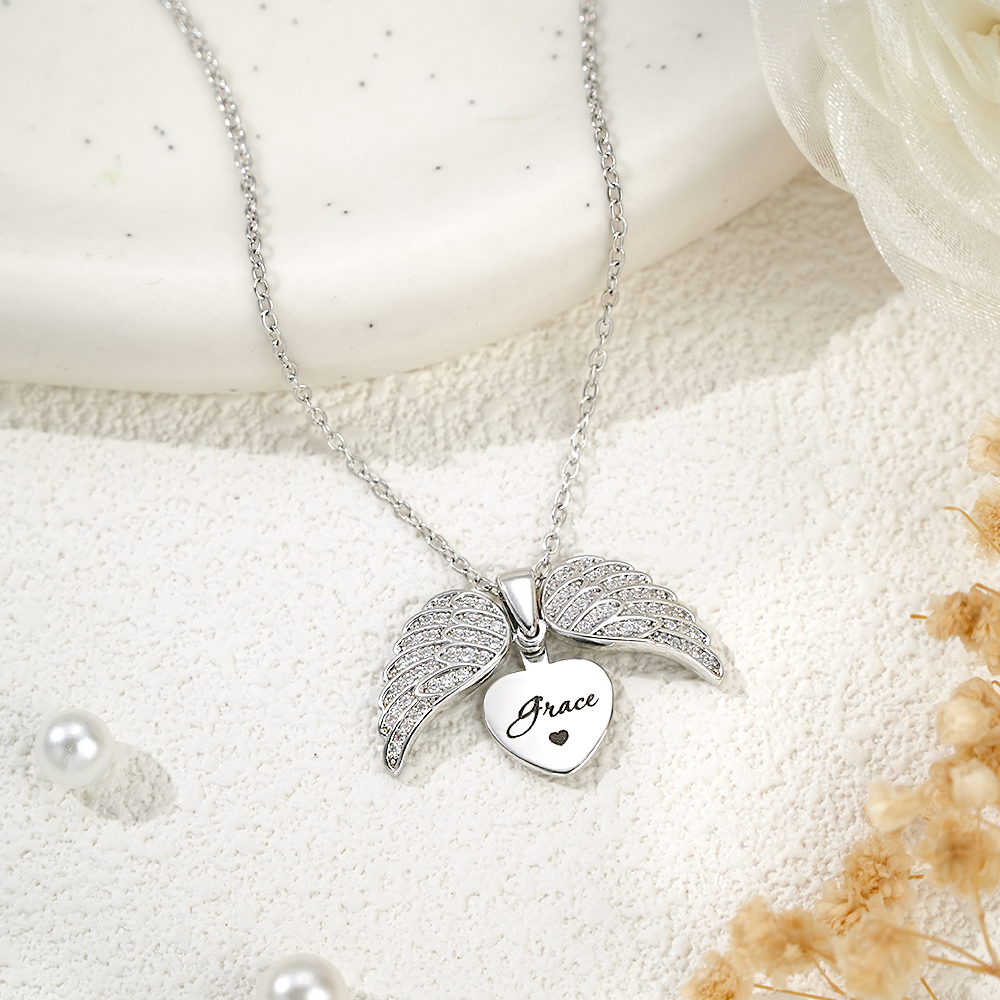 Personalized Angel Wing Necklace Custom Engraved Jewelry for Women Gift For Her - soufeelmy