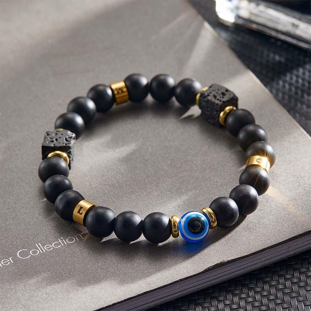 Evil Eye Custom Engraved Amulet Bracelet Lava Stone and Onyx Beaded Bracelet for Men - soufeelmy