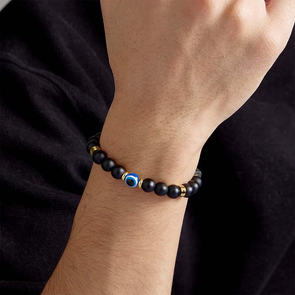 Evil Eye Custom Engraved Amulet Bracelet Lava Stone and Onyx Beaded Bracelet for Men - soufeelmy