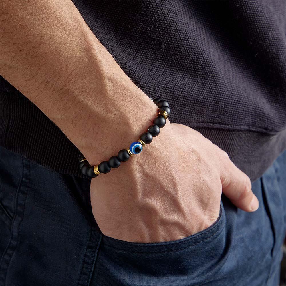 Evil Eye Custom Engraved Amulet Bracelet Lava Stone and Onyx Beaded Bracelet for Men - soufeelmy