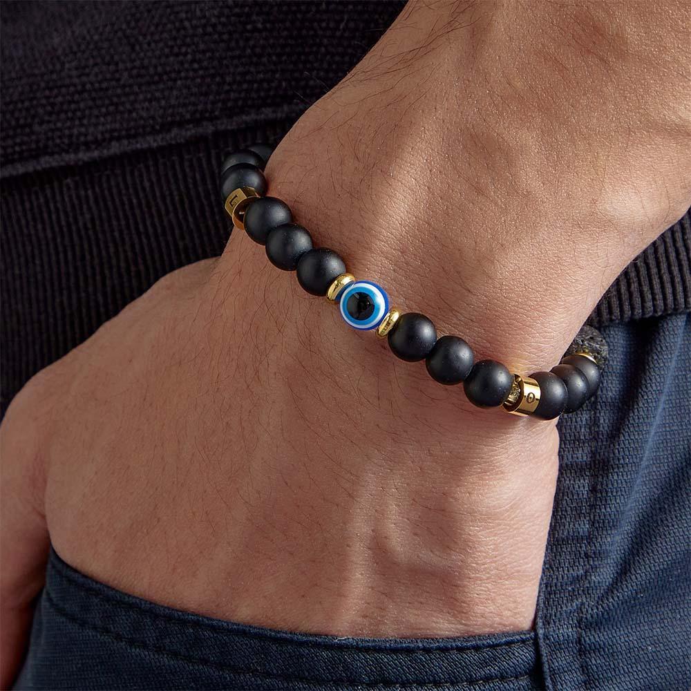 Evil Eye Custom Engraved Amulet Bracelet Lava Stone and Onyx Beaded Bracelet for Men - soufeelmy