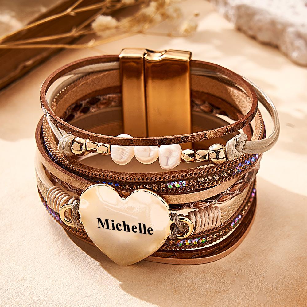 Custom Name Womens Leather Cuff Bracelet Baroque Pearl Wrap Bracelets Gorgeous - soufeelmy