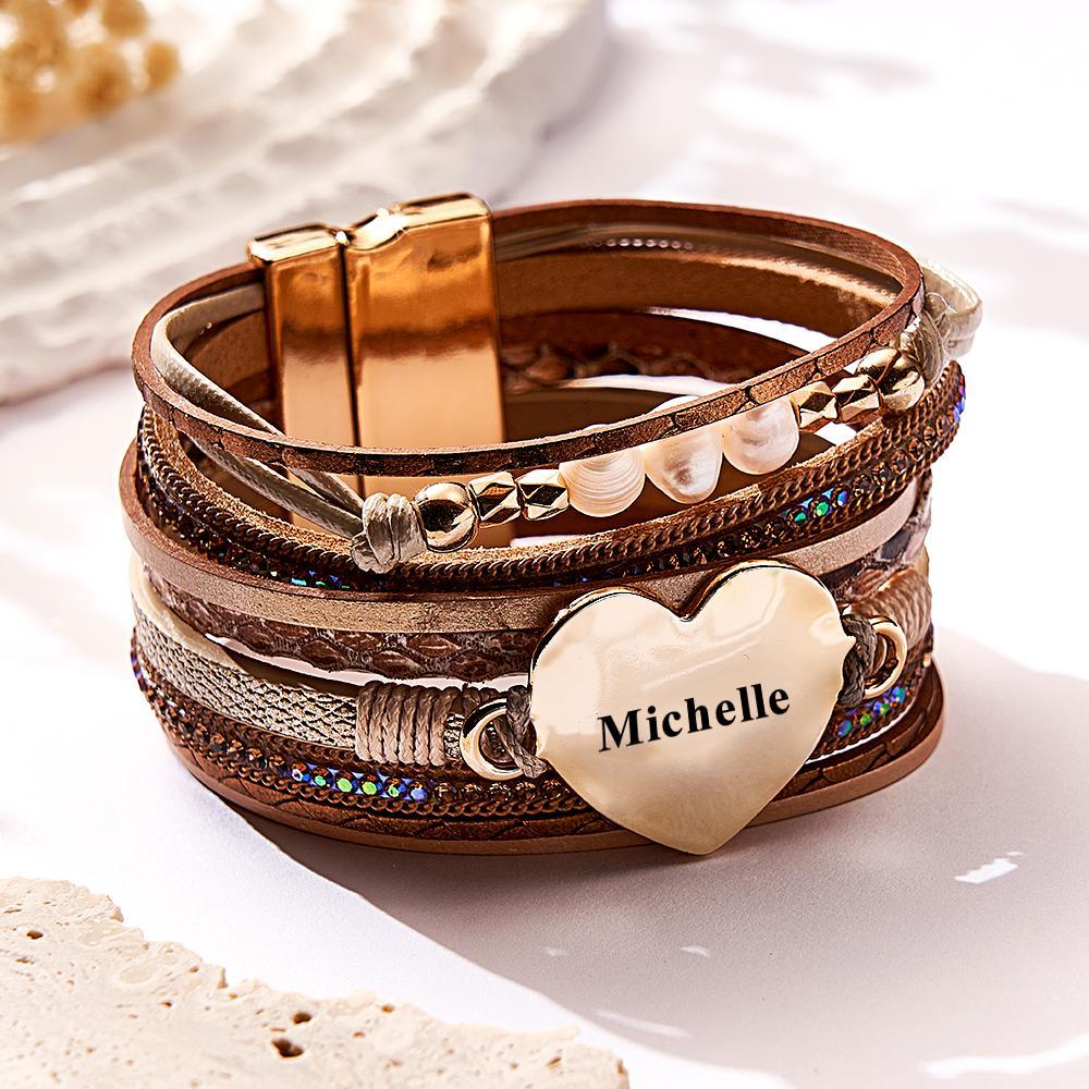 Custom Name Womens Leather Cuff Bracelet Baroque Pearl Wrap Bracelets Gorgeous - soufeelmy