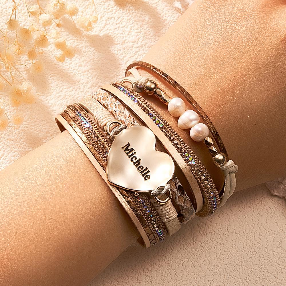 Custom Name Womens Leather Cuff Bracelet Baroque Pearl Wrap Bracelets Gorgeous - soufeelmy