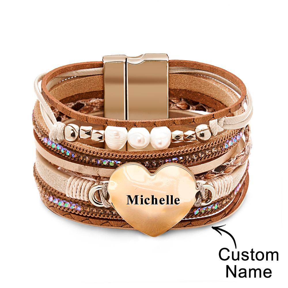Custom Name Womens Leather Cuff Bracelet Baroque Pearl Wrap Bracelets Gorgeous - soufeelmy