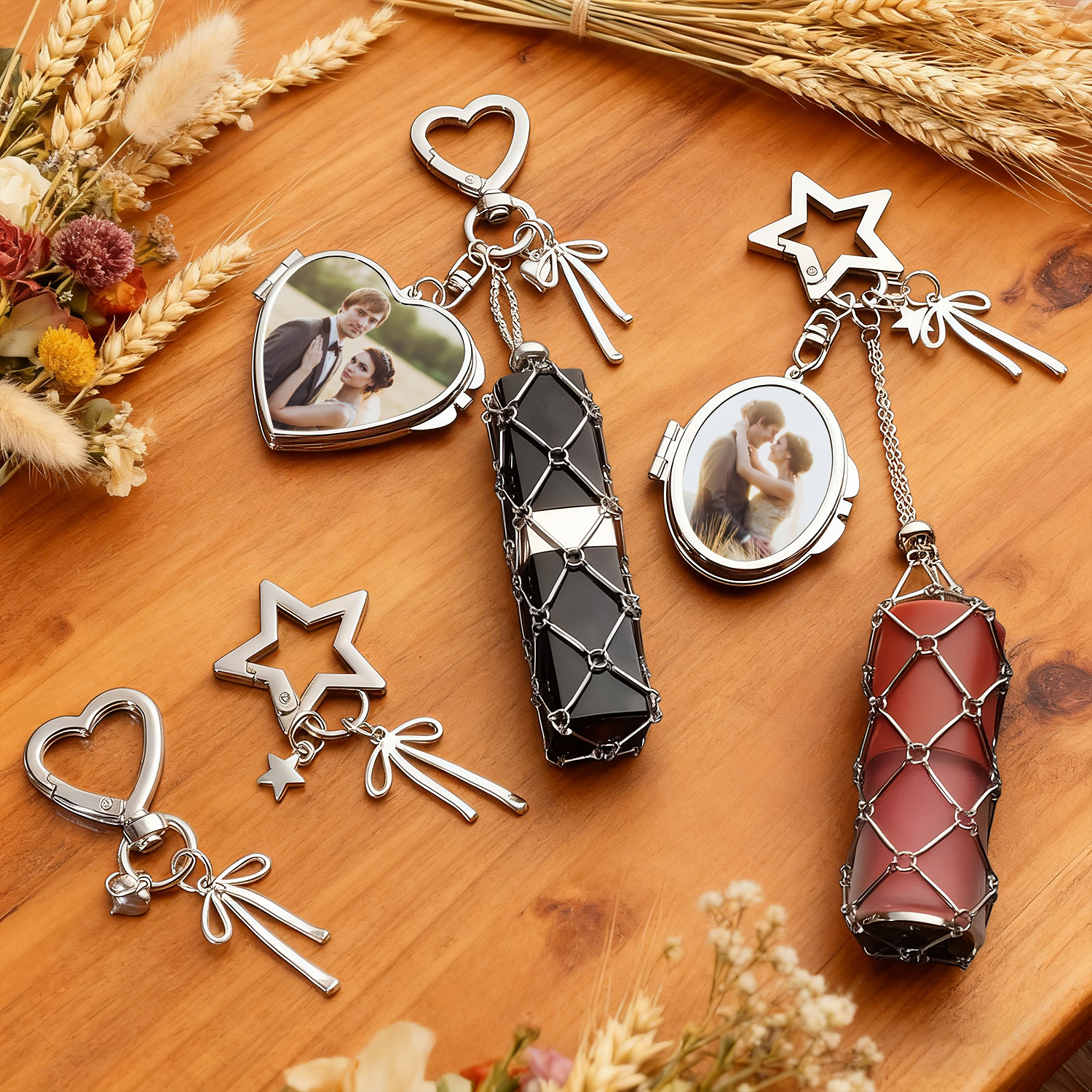 Personalized Lipstick Keychain with Mirror: Stainless Steel Makeup Bag Charm Valentine's Day Gifts - soufeelmy