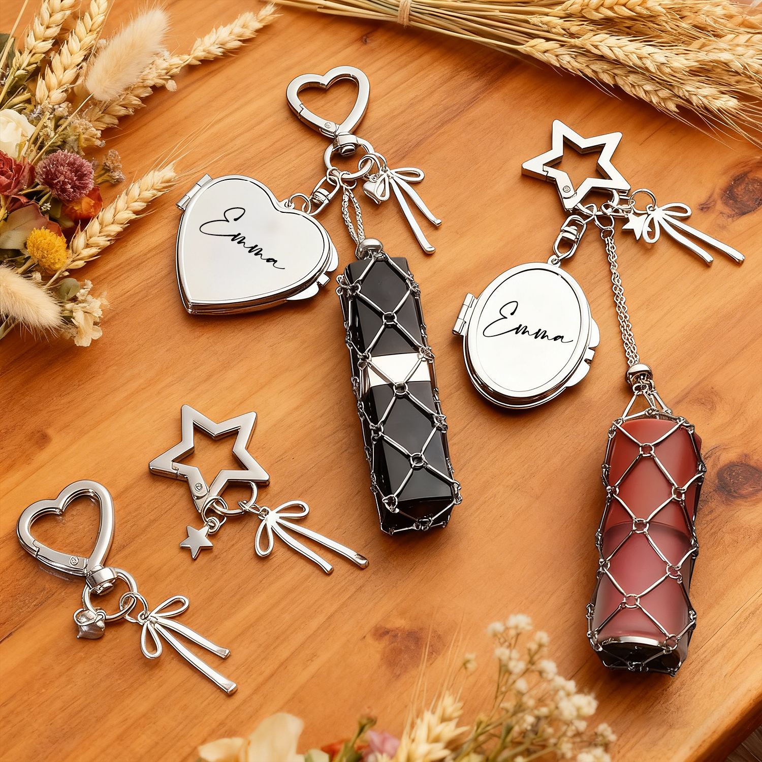 Personalized Lipstick Keychain with Mirror: Stainless Steel Makeup Bag Charm Valentine's Day Gifts - soufeelmy