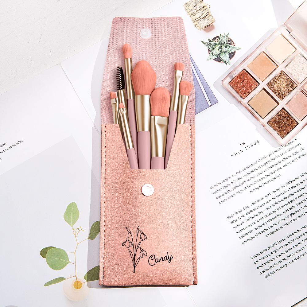 Personalized Birth Flower Leather Makeup Brush Bag with 8 Pcs Makeup Brushes Birthday Gift for Her