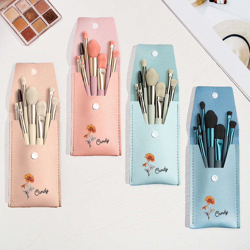 Personalized Birth Flower Leather Makeup Brush Bag with 8 Pcs Makeup Brushes Birthday Wedding Gift - soufeelmy