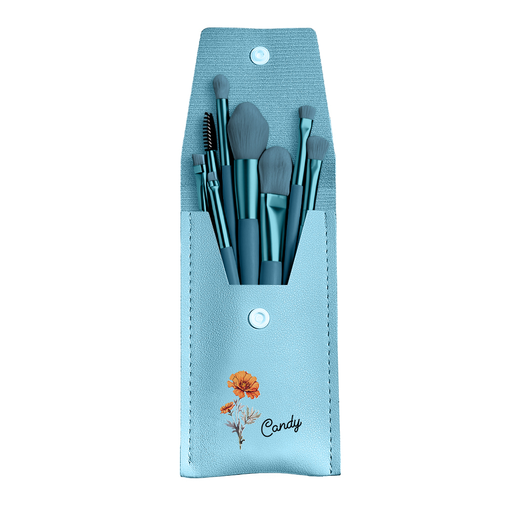 Personalized Birth Flower Leather Makeup Brush Bag with 8 Pcs Makeup Brushes Birthday Gift for Her