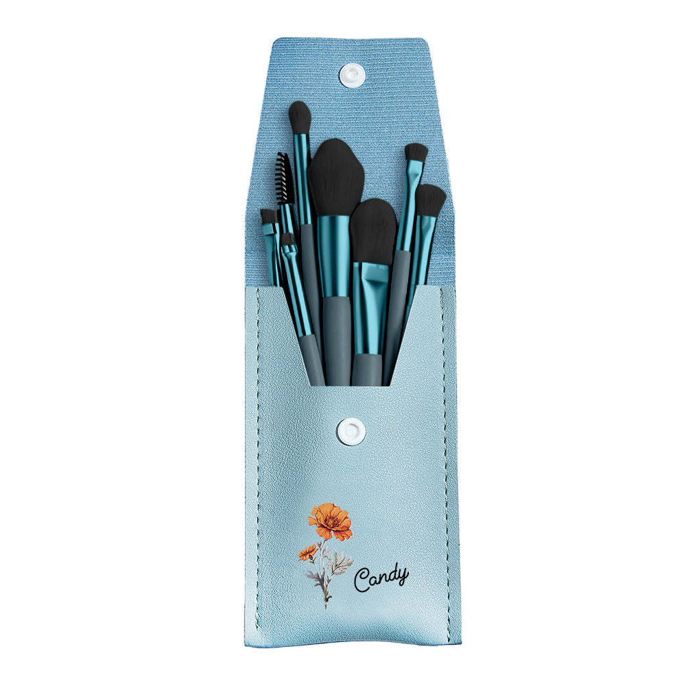 Personalized Birth Flower Leather Makeup Brush Bag with 8 Pcs Makeup Brushes Birthday Wedding Gift - soufeelmy