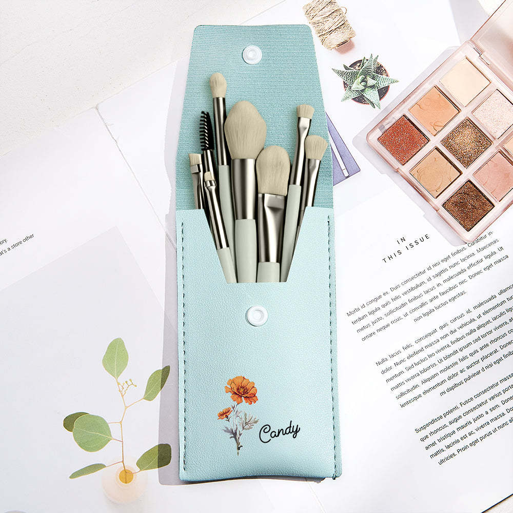 Personalized Birth Flower Leather Makeup Brush Bag with 8 Pcs Makeup Brushes Birthday Wedding Gift - soufeelmy