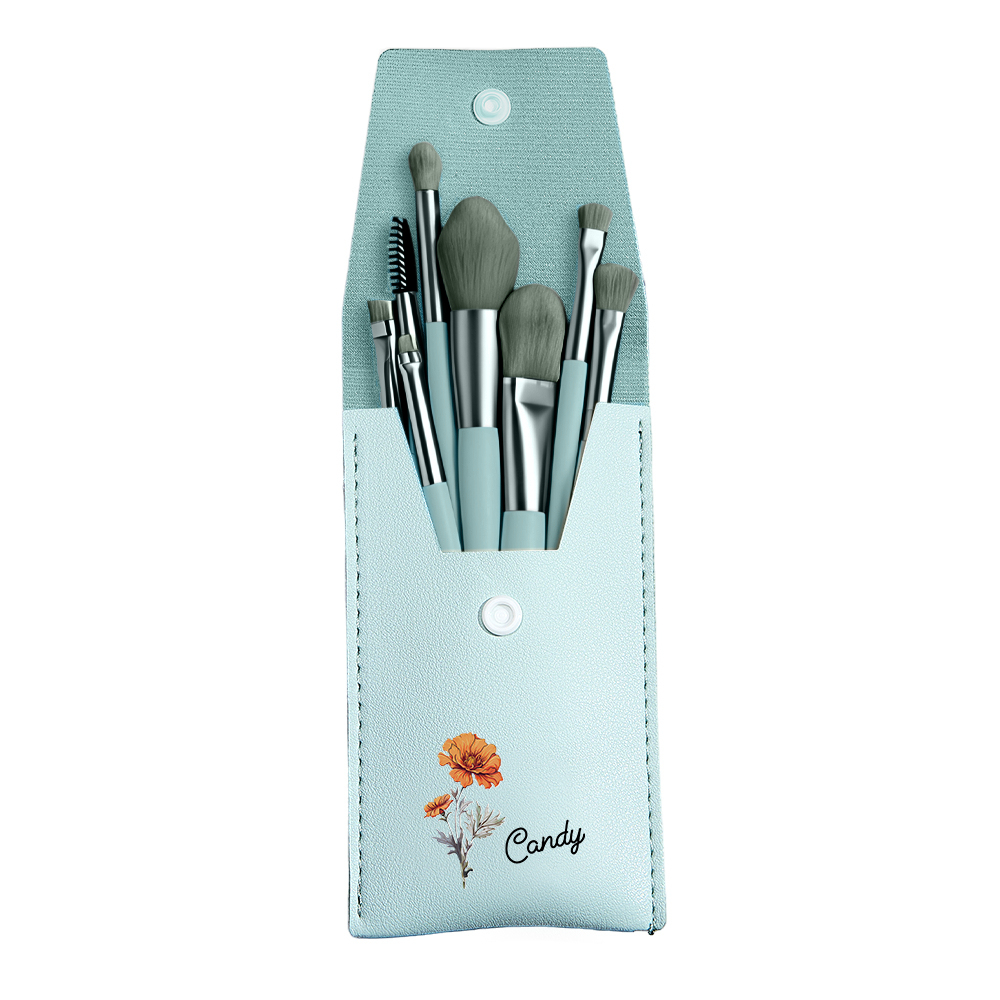 Personalized Birth Flower Leather Makeup Brush Bag with 8 Pcs Makeup Brushes Birthday Gift for Her