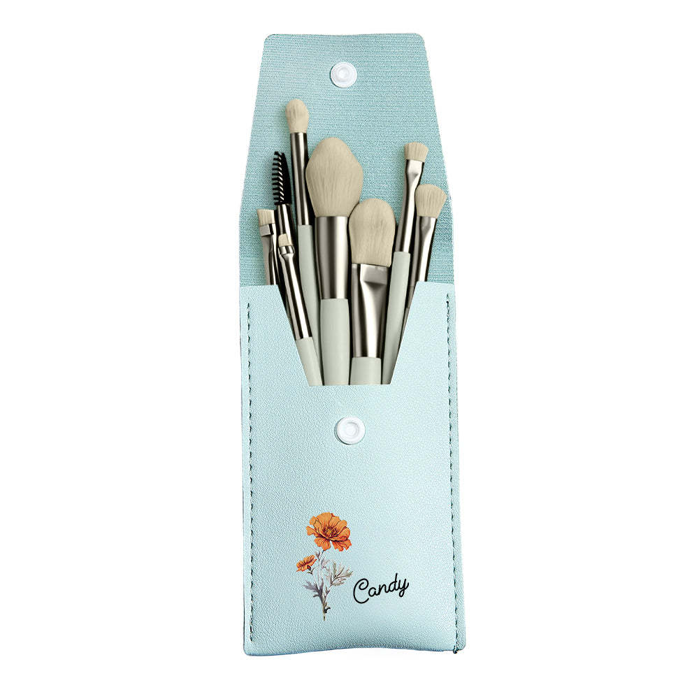 Personalized Birth Flower Leather Makeup Brush Bag with 8 Pcs Makeup Brushes Birthday Wedding Gift - soufeelmy