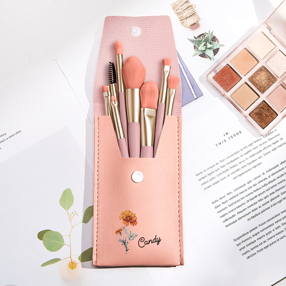 Personalized Birth Flower Leather Makeup Brush Bag with 8 Pcs Makeup Brushes Birthday Gift for Her