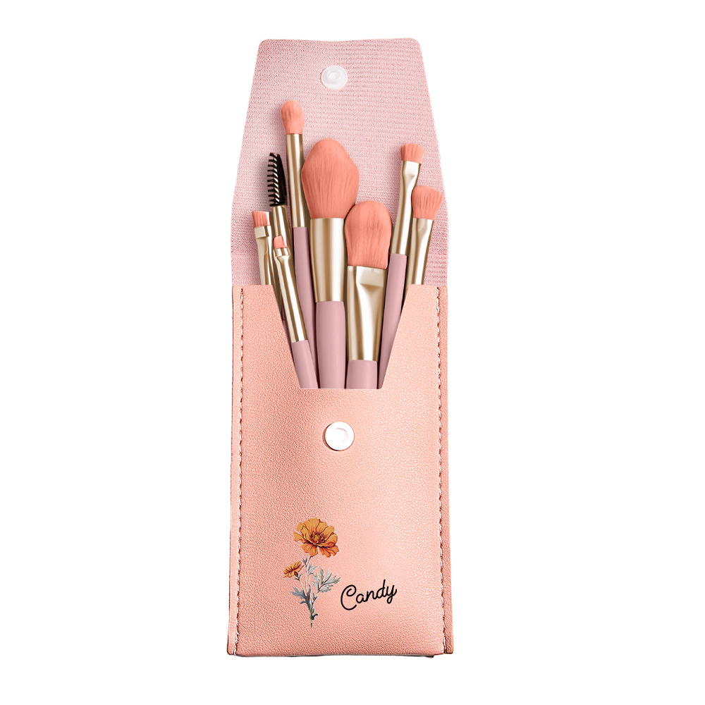 Personalized Birth Flower Leather Makeup Brush Bag with 8 Pcs Makeup Brushes Birthday Gift for Her