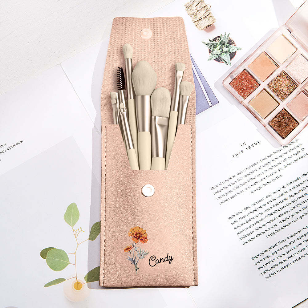 Personalized Birth Flower Leather Makeup Brush Bag with 8 Pcs Makeup Brushes Birthday Wedding Gift - soufeelmy
