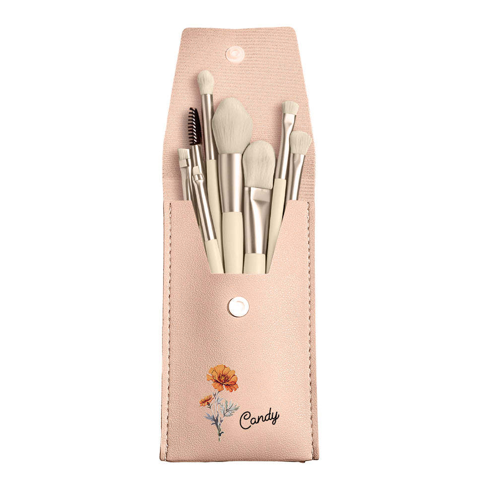 Personalized Birth Flower Leather Makeup Brush Bag with 8 Pcs Makeup Brushes Birthday Wedding Gift - soufeelmy
