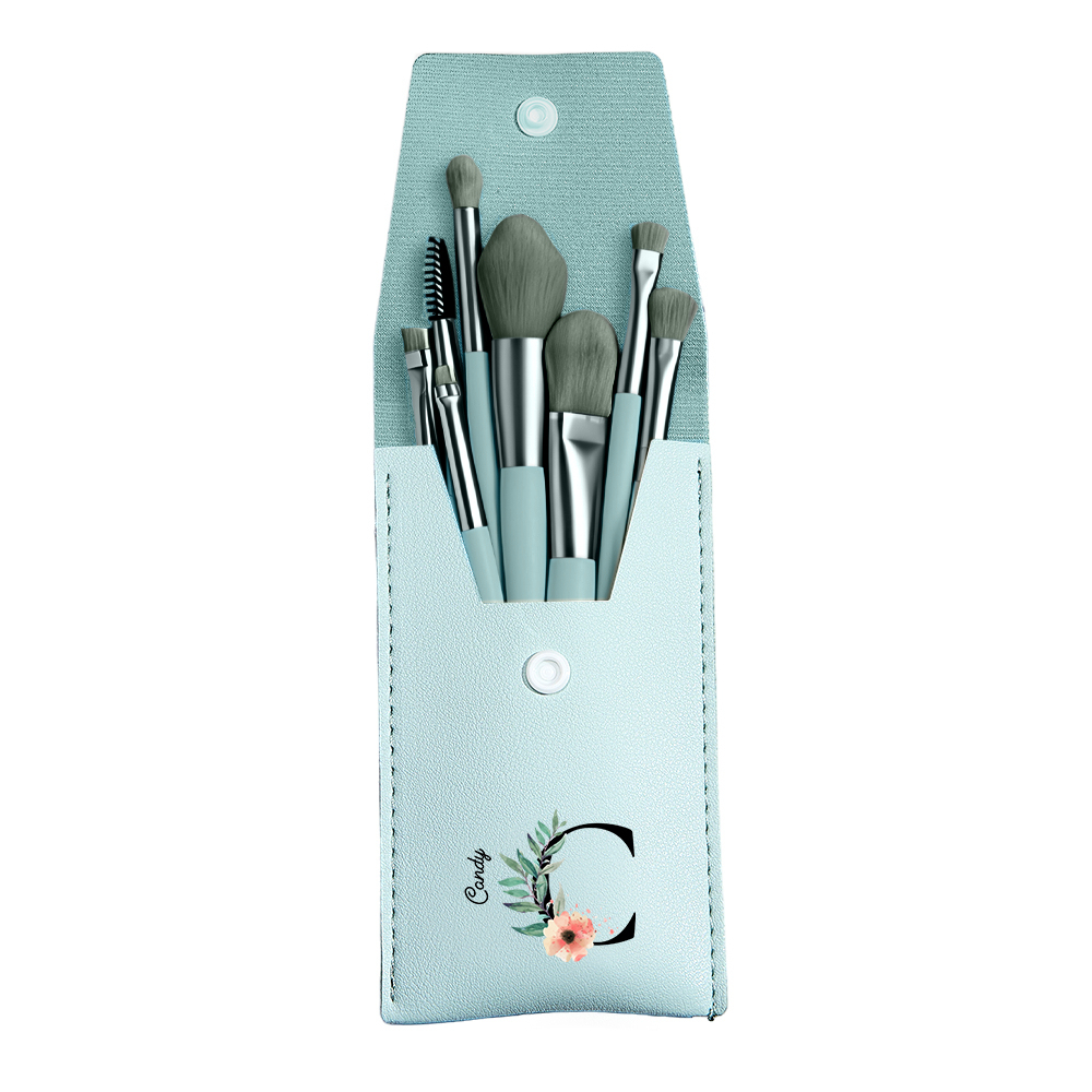Personalized Birth Flower Leather Makeup Brush Bag with 8 Pcs Makeup Brushes Birthday Gift for Her