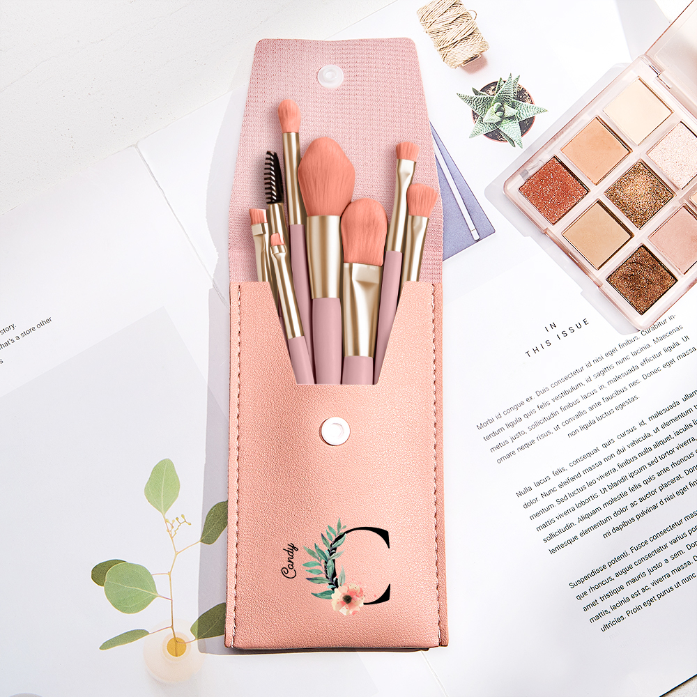 Personalized Birth Flower Leather Makeup Brush Bag with 8 Pcs Makeup Brushes Birthday Gift for Her